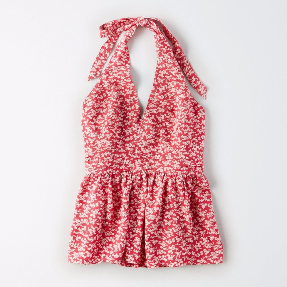 American Eagle Small Red Flower Halter Top